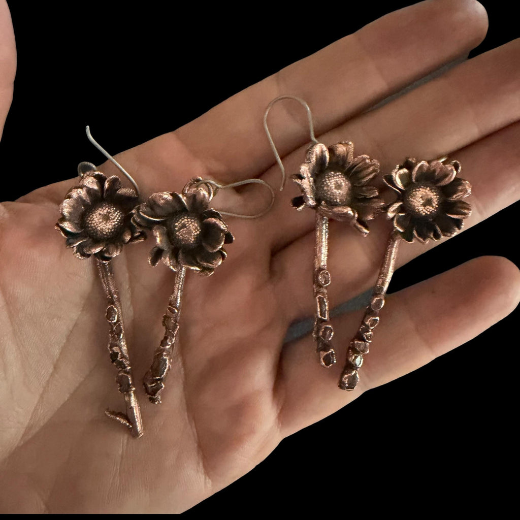 Real Flower Stem Dangle Earrings with Herkimer Diamonds | Electroformed Copper Daisy | Handmade Crystal Botanical Jewelry | Boho