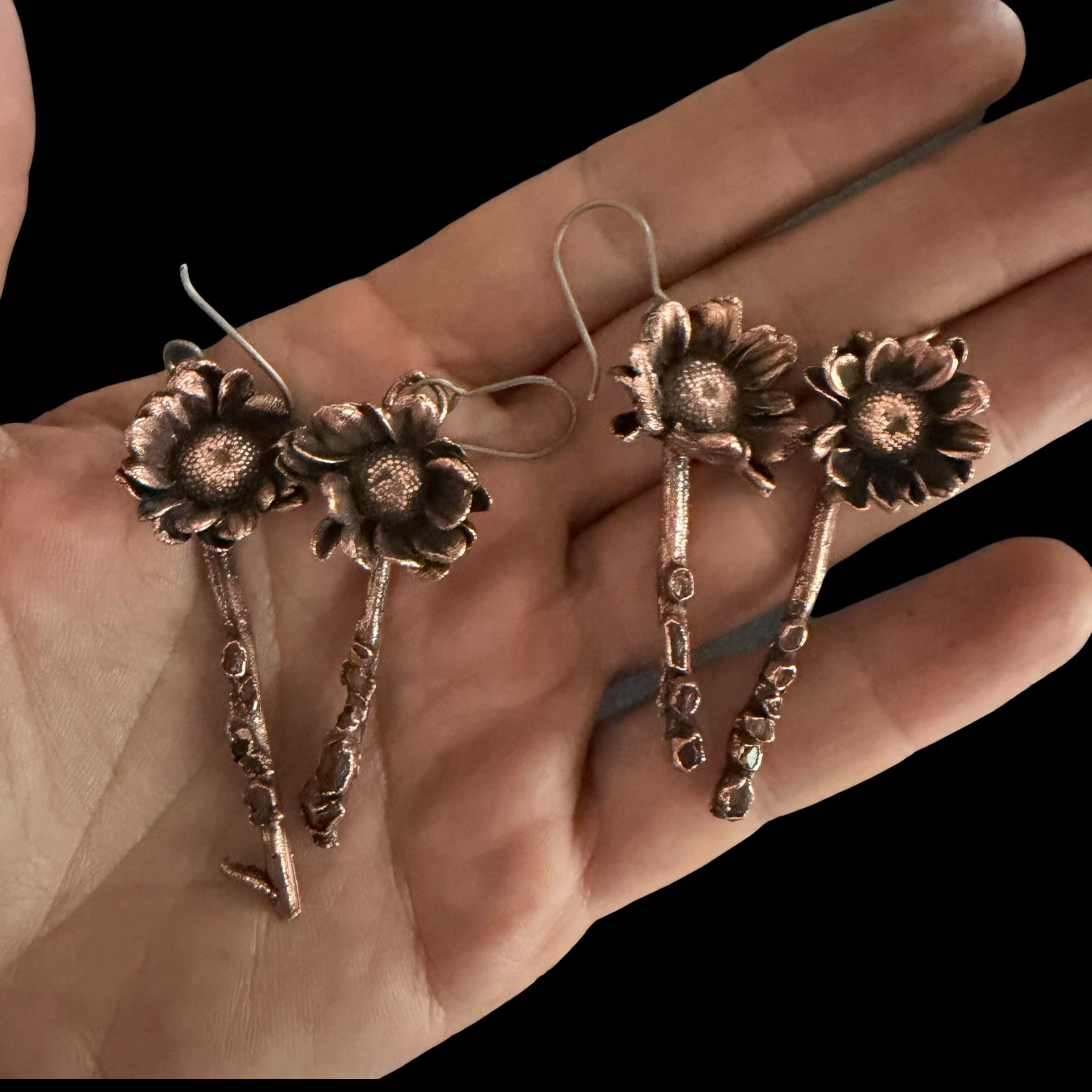 Real Flower Stem Dangle Earrings with Herkimer Diamonds | Electroformed Copper Daisy | Handmade Crystal Botanical Jewelry | Boho