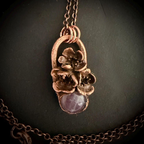 Amethyst Real Flower Necklace | Electroformed Copper Botanical Pendant | Handmade Crystal Jewelry | Boho Healing Necklace