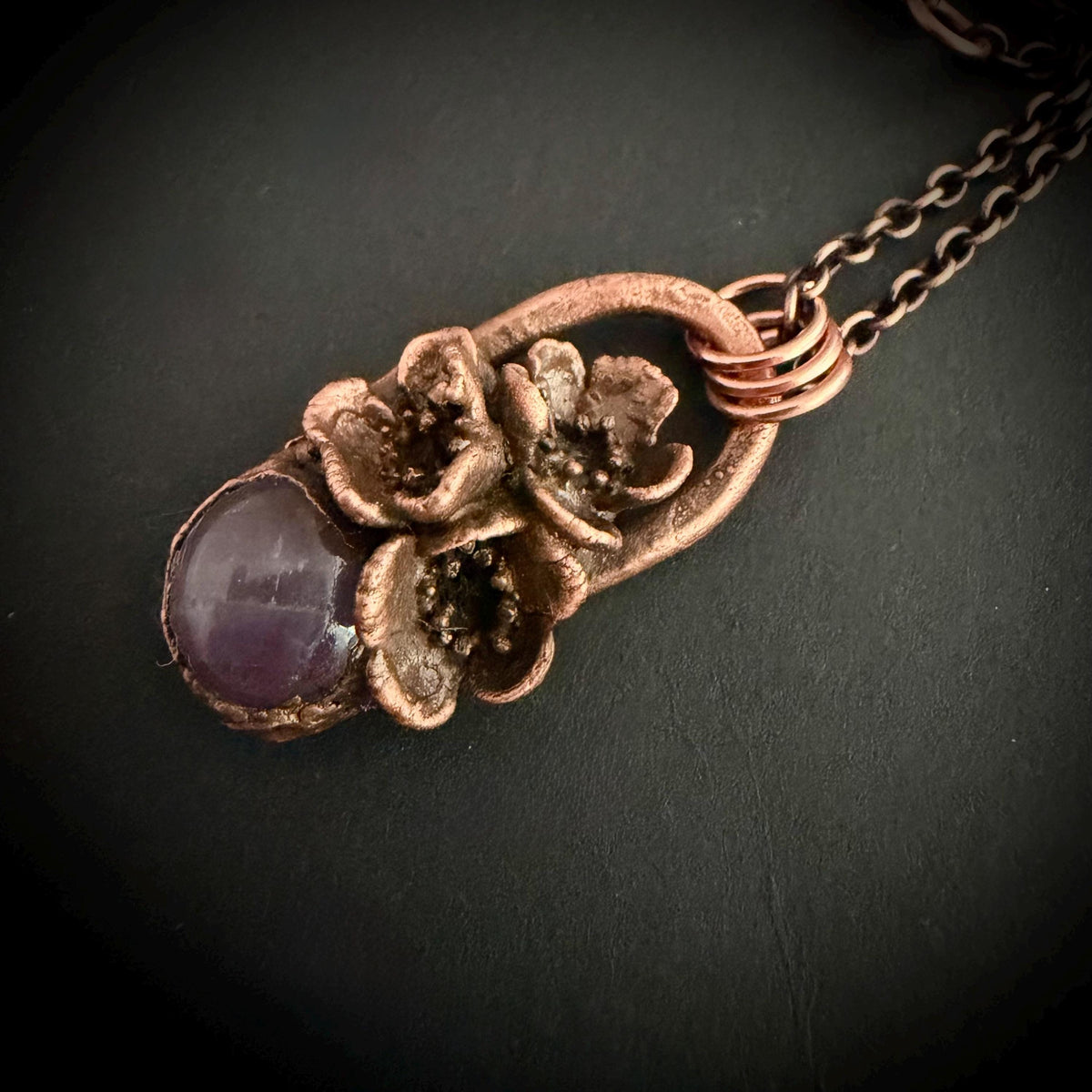 Amethyst Real Flower Necklace | Electroformed Copper Botanical Pendant | Handmade Crystal Jewelry | Boho Healing Necklace