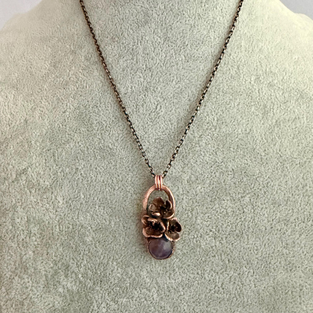 Amethyst Real Flower Necklace | Electroformed Copper Botanical Pendant | Handmade Crystal Jewelry | Boho Healing Necklace