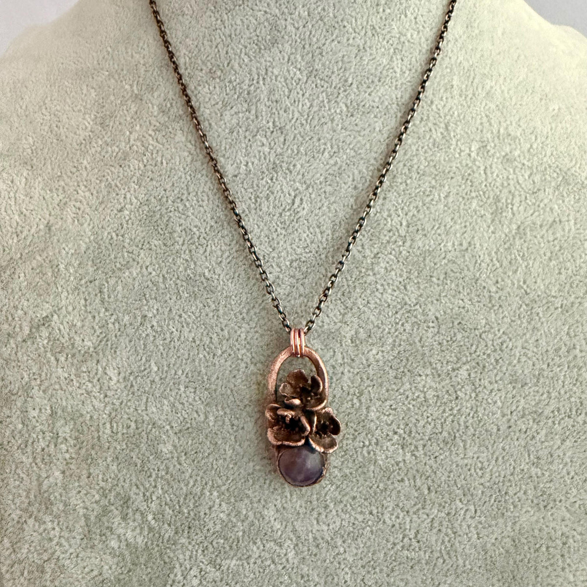 Amethyst Real Flower Necklace | Electroformed Copper Botanical Pendant | Handmade Crystal Jewelry | Boho Healing Necklace