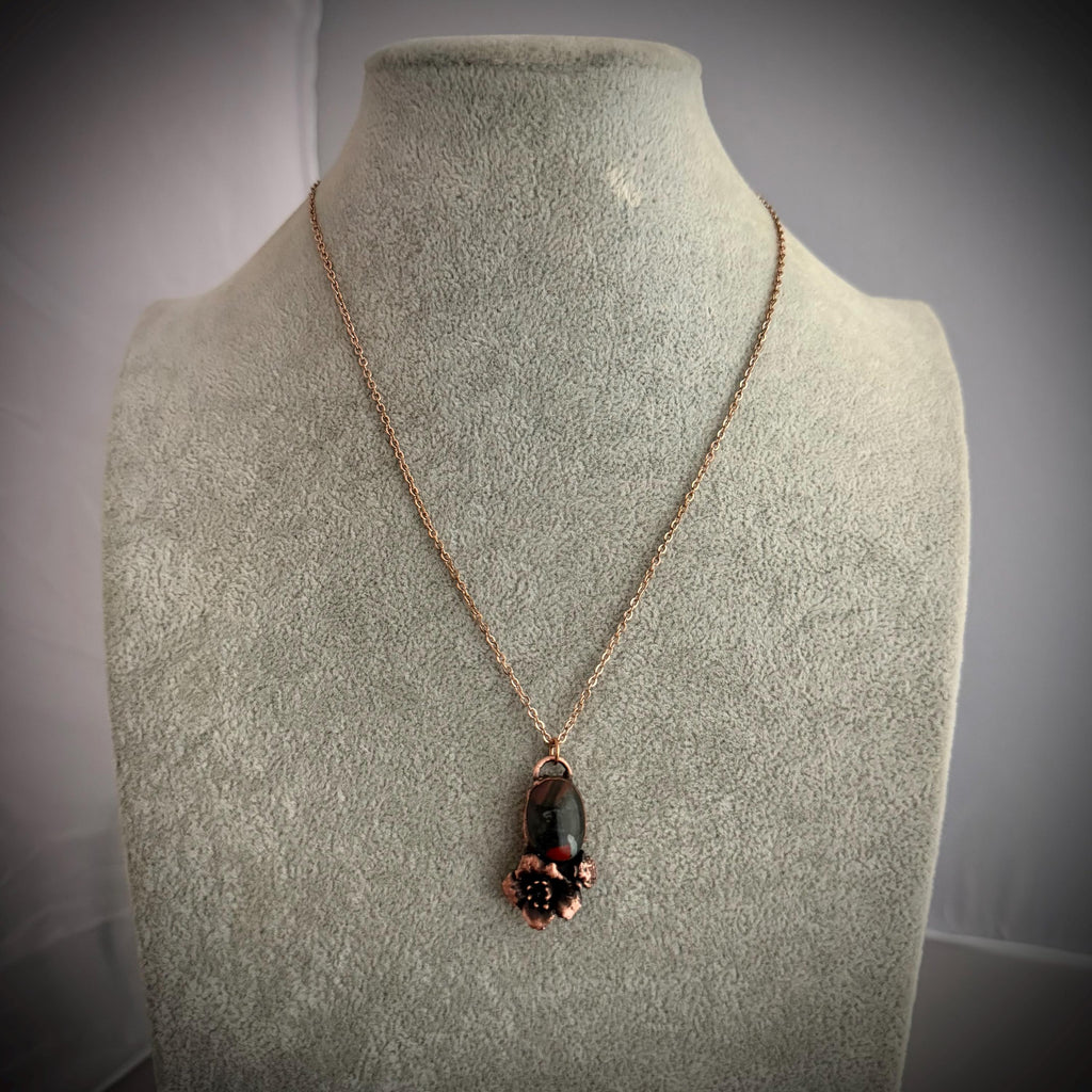 Dragon Bloodstone Real Flower Necklace | Electroformed Copper Botanical Pendant | Handmade Crystal Jewelry | Boho Necklace