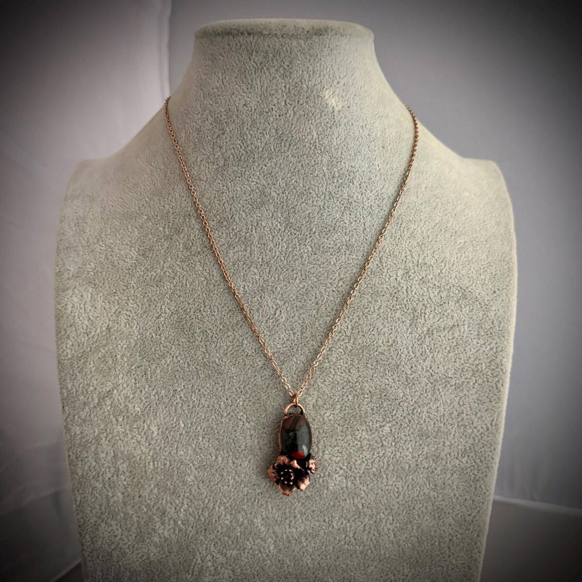 Dragon Bloodstone Real Flower Necklace | Electroformed Copper Botanical Pendant | Handmade Crystal Jewelry | Boho Necklace