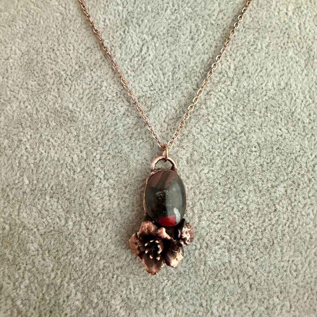 Dragon Bloodstone Real Flower Necklace | Electroformed Copper Botanical Pendant | Handmade Crystal Jewelry | Boho Necklace