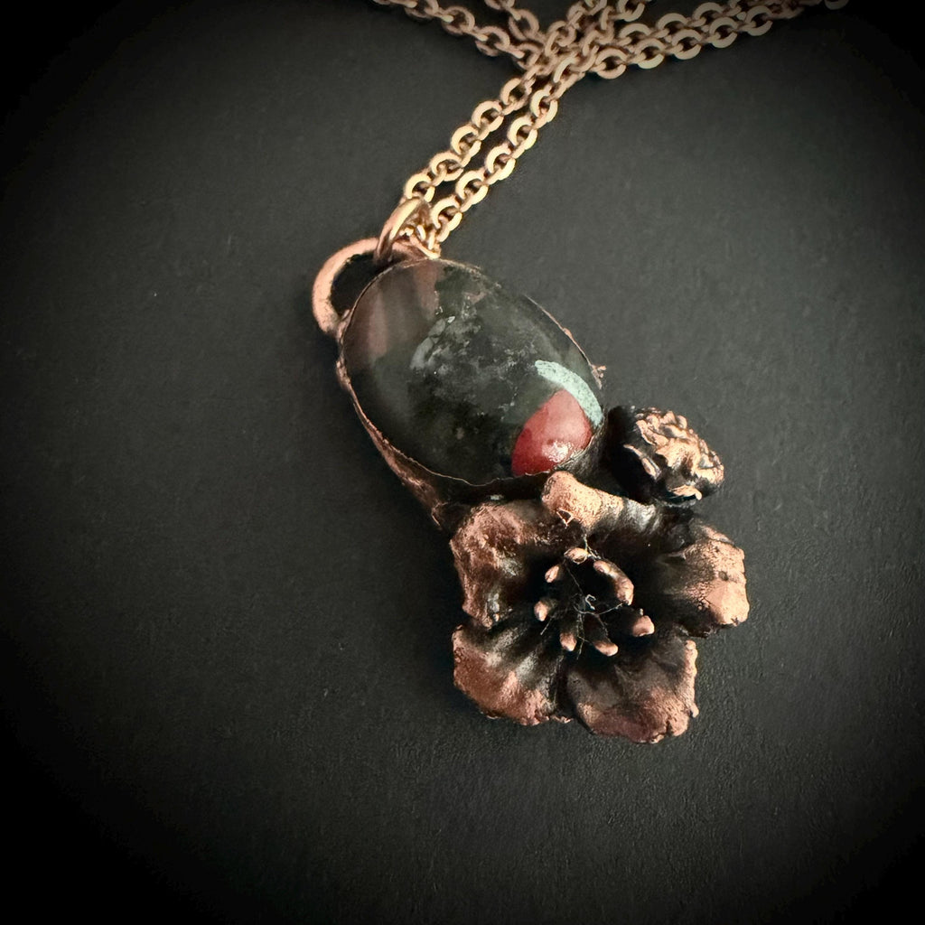 Dragon Bloodstone Real Flower Necklace | Electroformed Copper Botanical Pendant | Handmade Crystal Jewelry | Boho Necklace