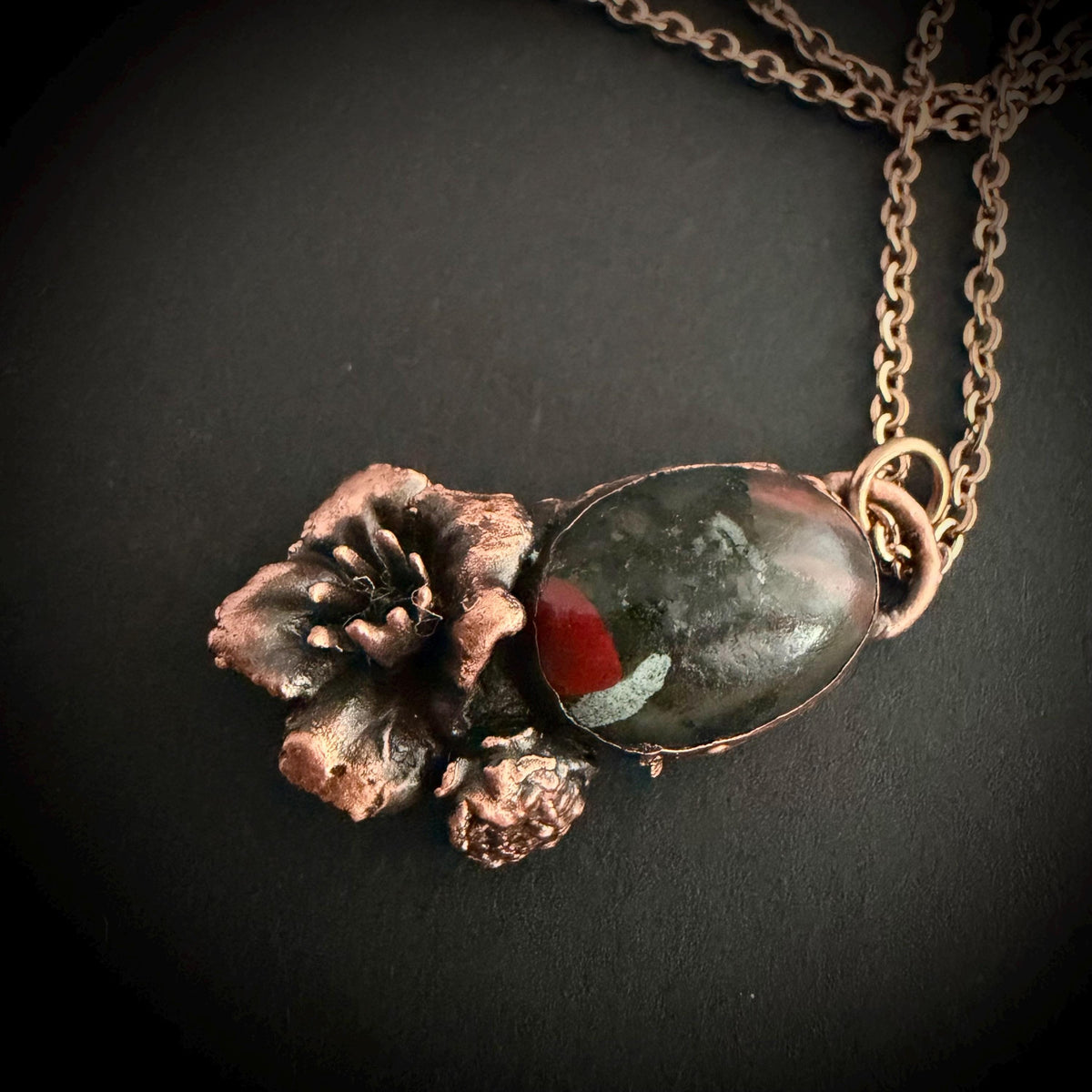 Dragon Bloodstone Real Flower Necklace | Electroformed Copper Botanical Pendant | Handmade Crystal Jewelry | Boho Necklace