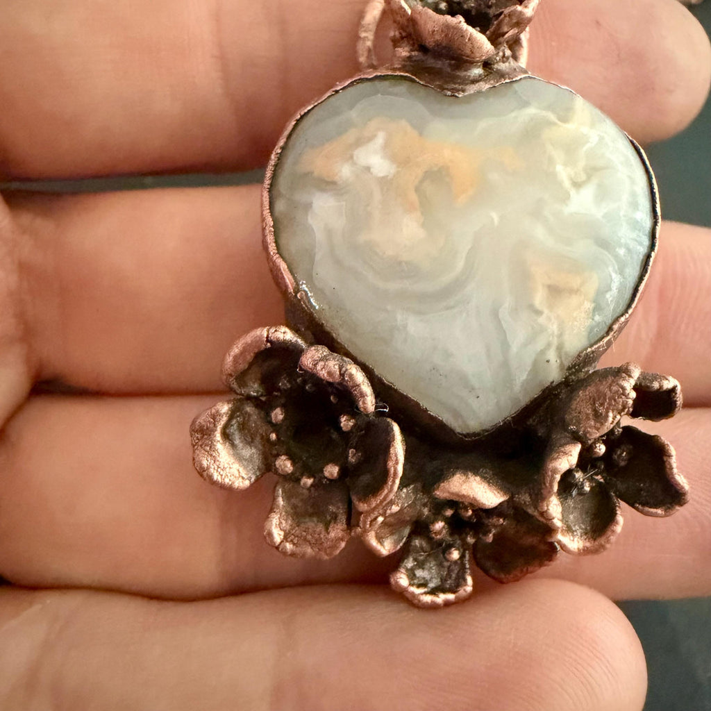 Grey Agate Heart Real Flower Necklace | Electroformed Copper Botanical Pendant | Handmade Crystal Jewelry | Boho Love Necklace