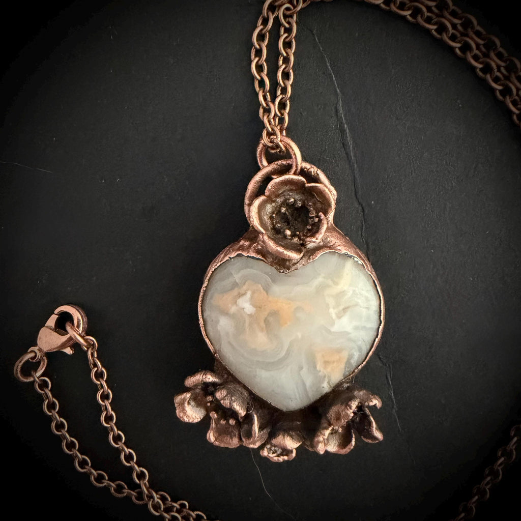 Grey Agate Heart Real Flower Necklace | Electroformed Copper Botanical Pendant | Handmade Crystal Jewelry | Boho Love Necklace
