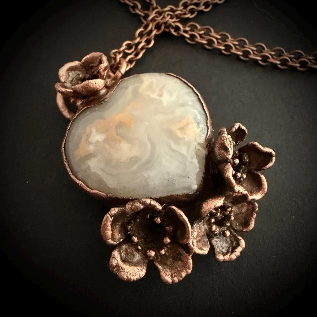Grey Agate Heart Real Flower Necklace | Electroformed Copper Botanical Pendant | Handmade Crystal Jewelry | Boho Love Necklace