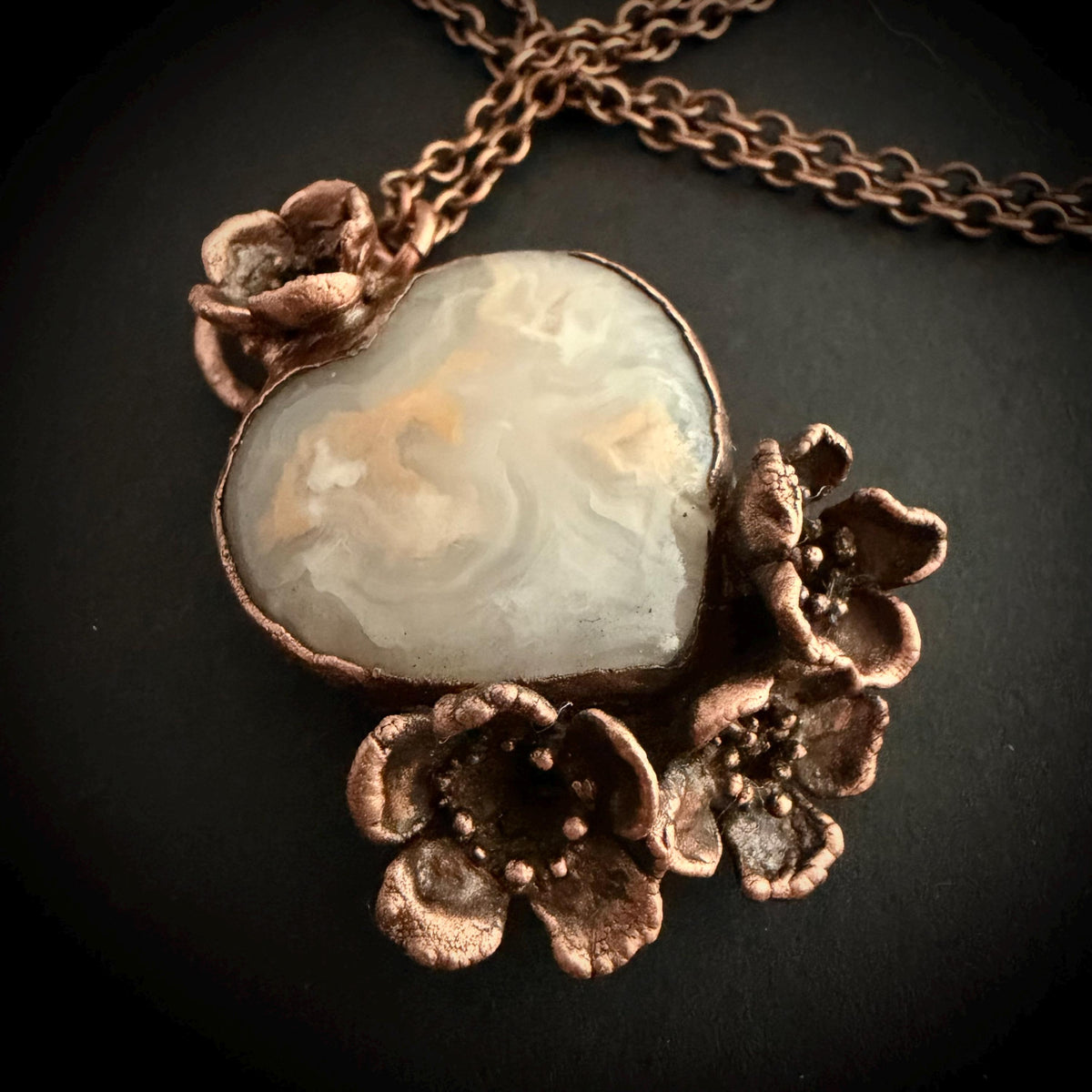 Grey Agate Heart Real Flower Necklace | Electroformed Copper Botanical Pendant | Handmade Crystal Jewelry | Boho Love Necklace
