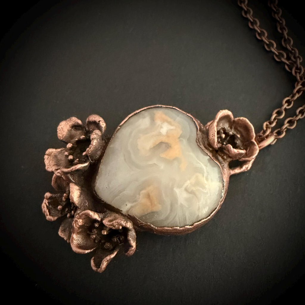 Grey Agate Heart Real Flower Necklace | Electroformed Copper Botanical Pendant | Handmade Crystal Jewelry | Boho Love Necklace