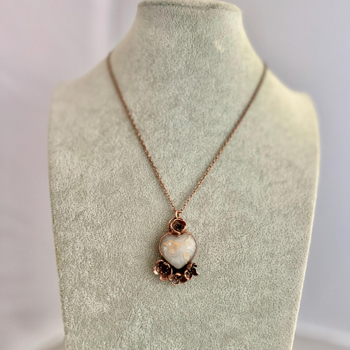 Grey Agate Heart Real Flower Necklace | Electroformed Copper Botanical Pendant | Handmade Crystal Jewelry | Boho Love Necklace