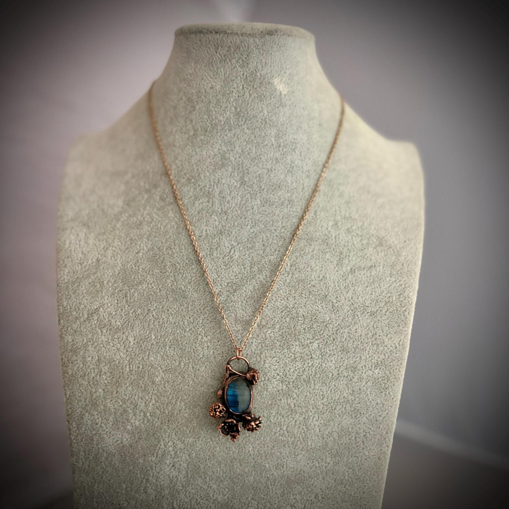 Labradorite Real Flower Necklace | Electroformed Copper Botanical Pendant | Handmade Crystal Jewelry | Boho Magic Necklace