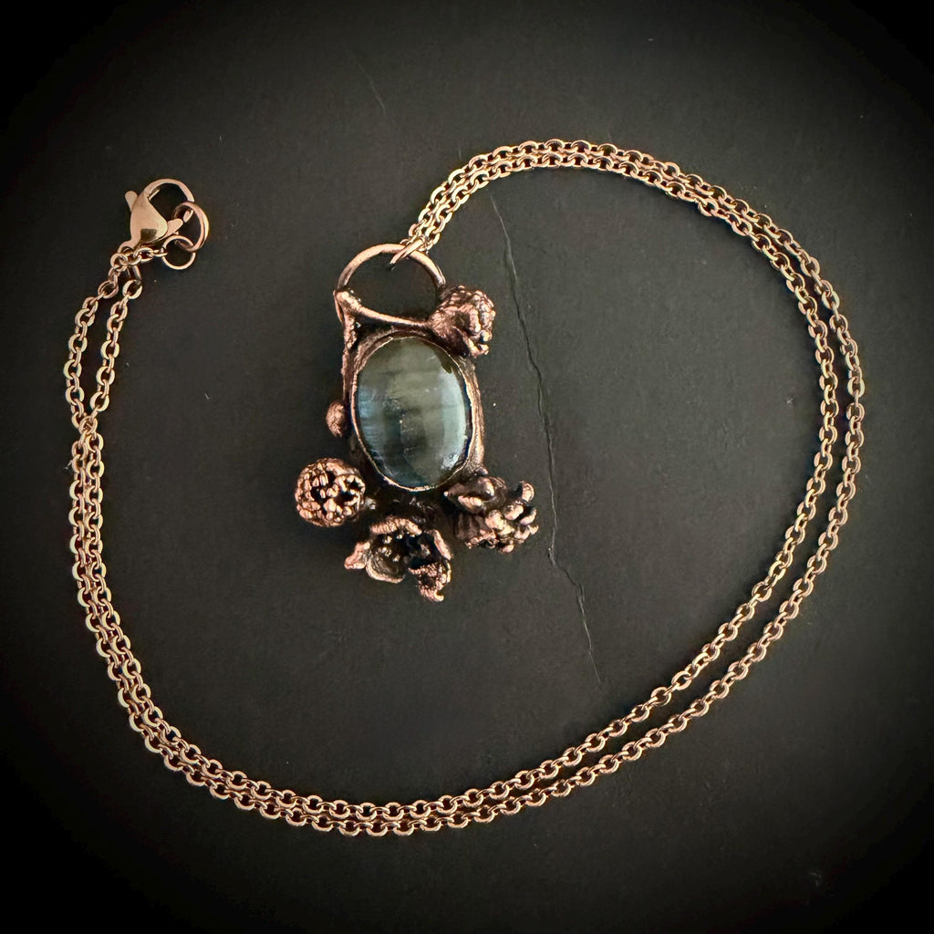 Labradorite Real Flower Necklace | Electroformed Copper Botanical Pendant | Handmade Crystal Jewelry | Boho Magic Necklace