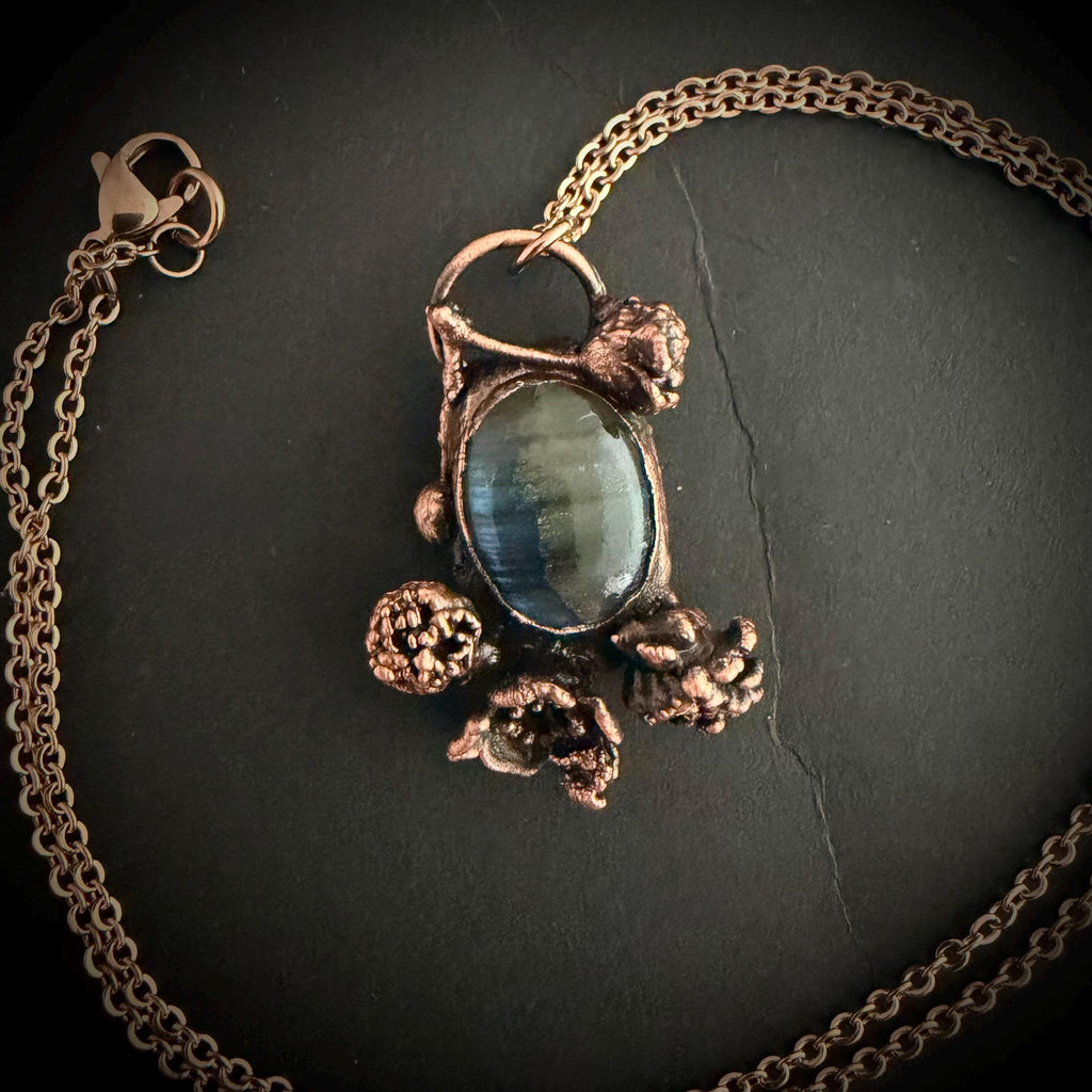 Labradorite Real Flower Necklace | Electroformed Copper Botanical Pendant | Handmade Crystal Jewelry | Boho Magic Necklace