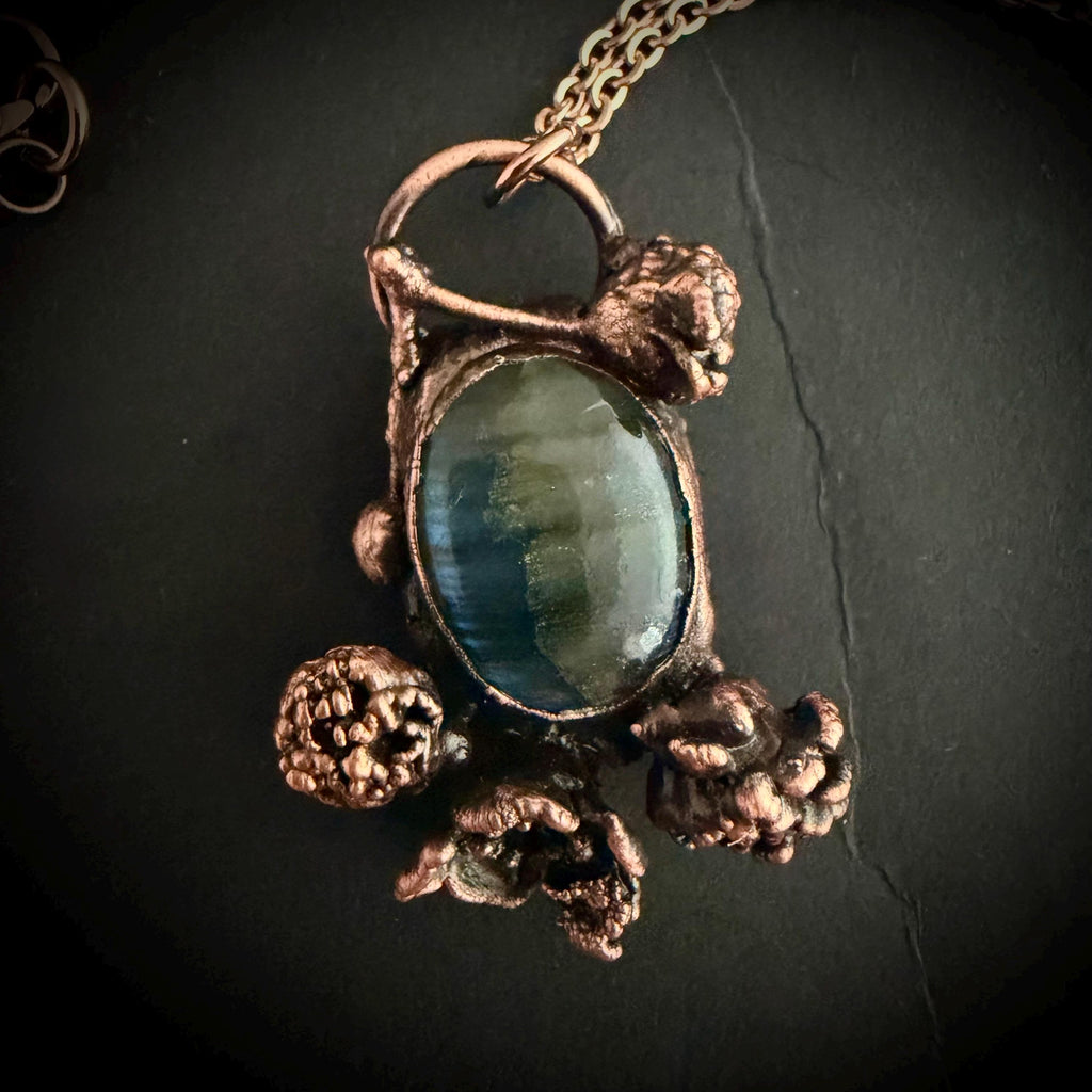 Labradorite Real Flower Necklace | Electroformed Copper Botanical Pendant | Handmade Crystal Jewelry | Boho Magic Necklace