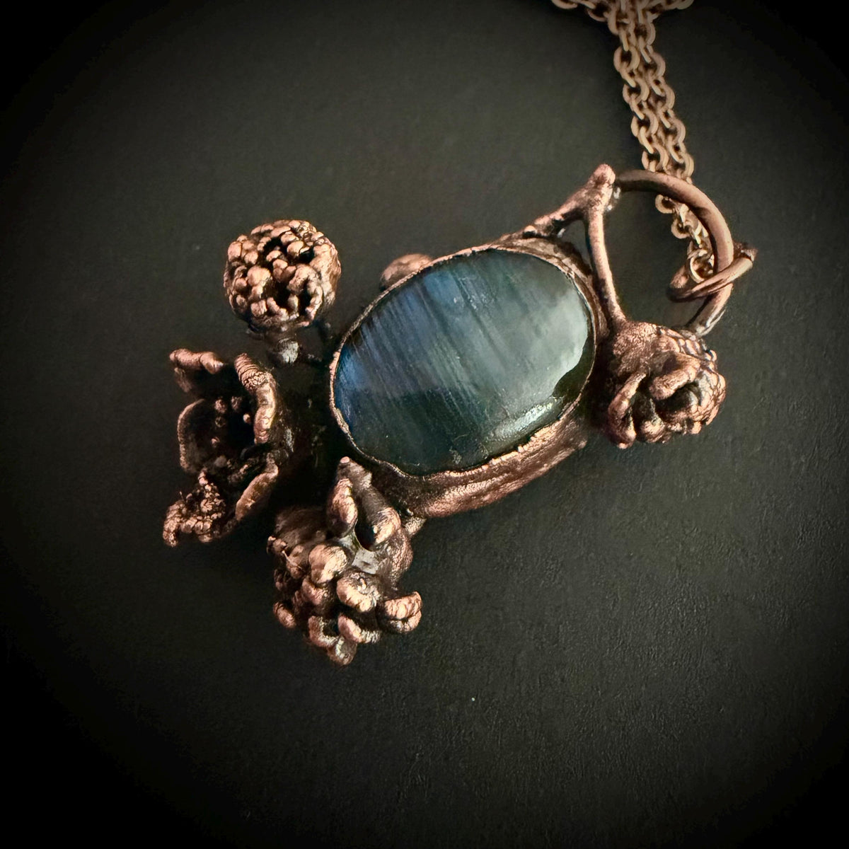 Labradorite Real Flower Necklace | Electroformed Copper Botanical Pendant | Handmade Crystal Jewelry | Boho Magic Necklace
