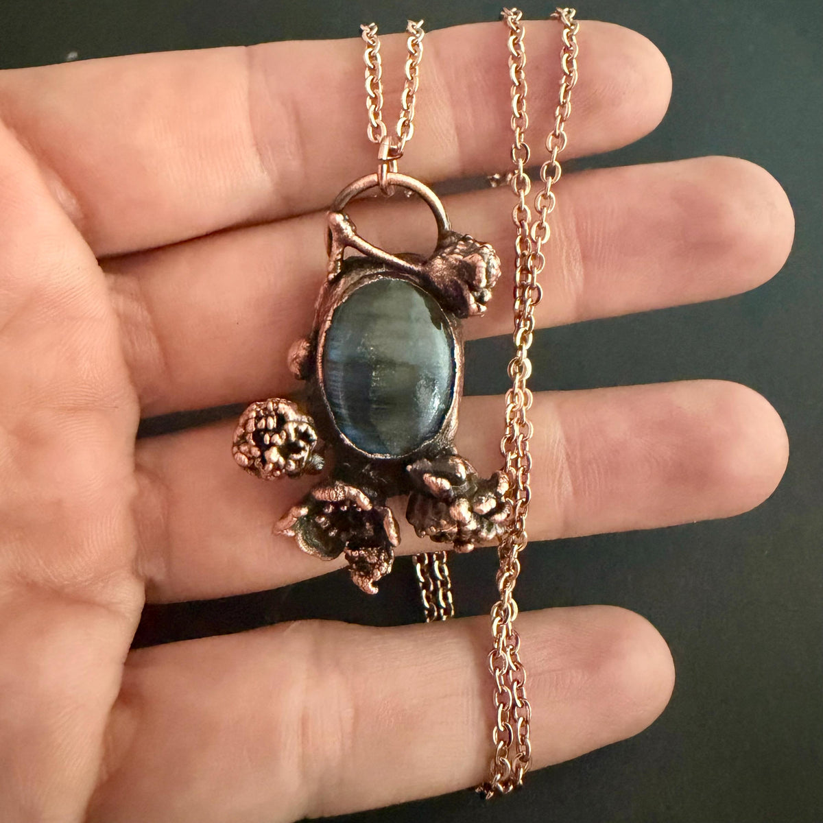 Labradorite Real Flower Necklace | Electroformed Copper Botanical Pendant | Handmade Crystal Jewelry | Boho Magic Necklace