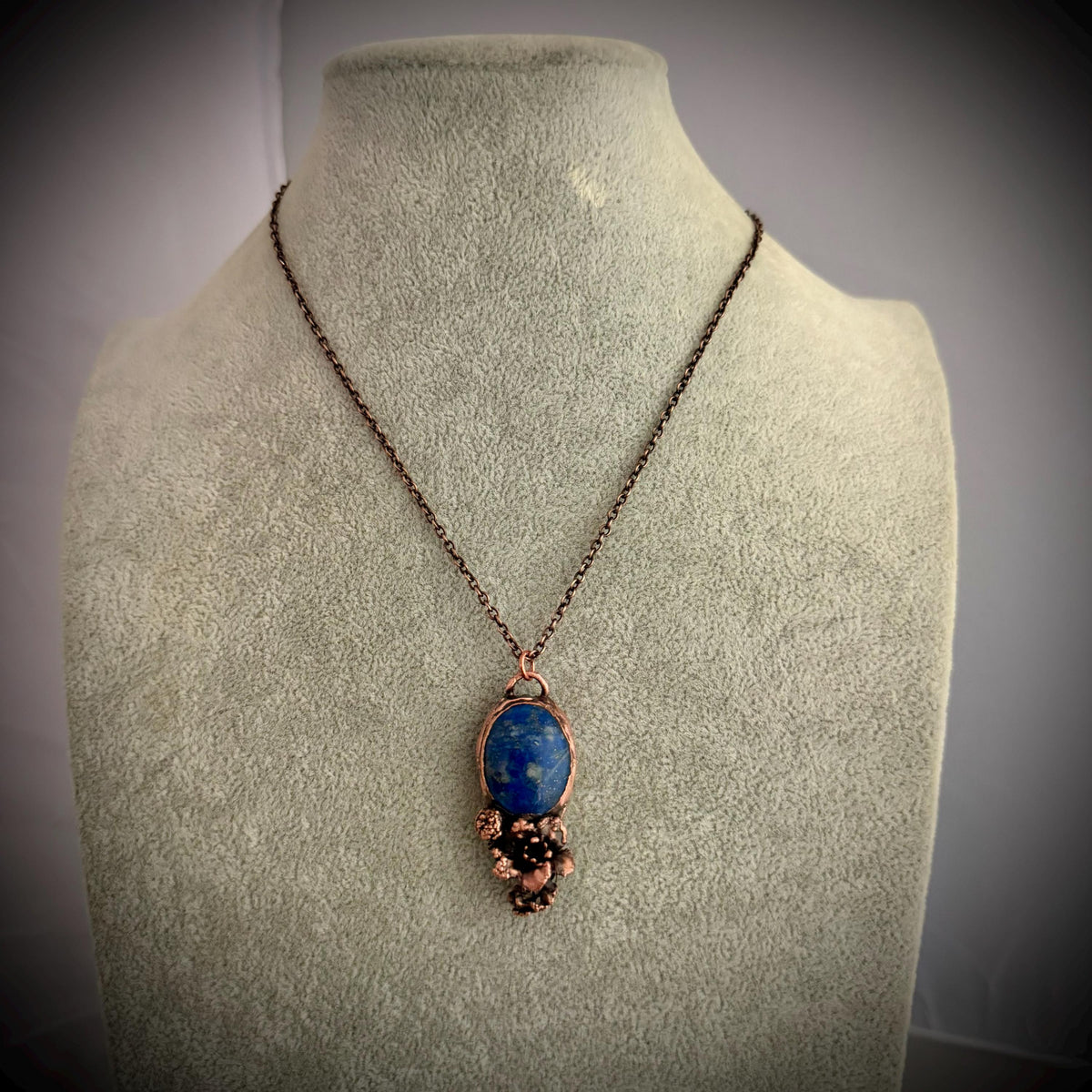 Lapis Lazuli Real Flower Necklace | Electroformed Copper Botanical Pendant | Handmade Crystal Jewelry | Boho Nature Necklace