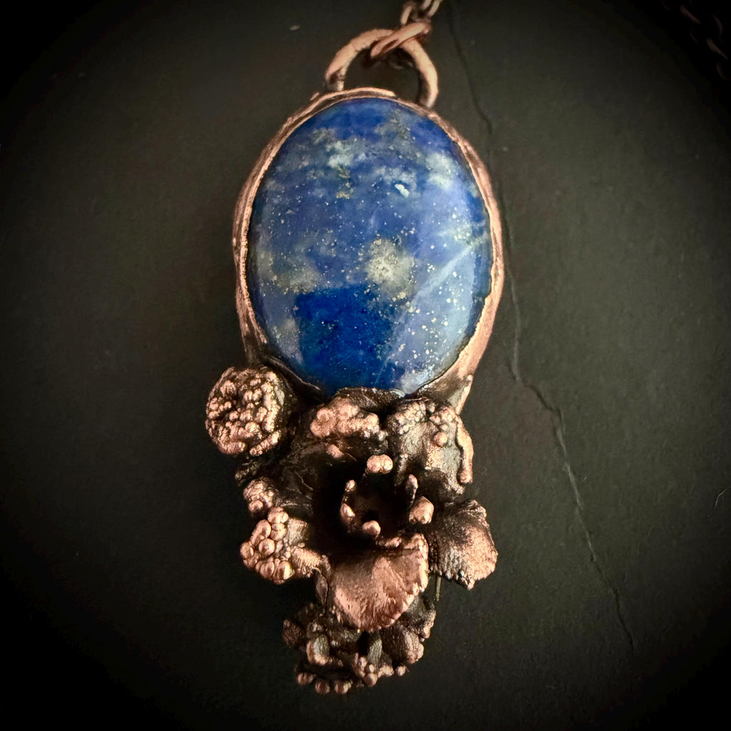 Lapis Lazuli Real Flower Necklace | Electroformed Copper Botanical Pendant | Handmade Crystal Jewelry | Boho Nature Necklace