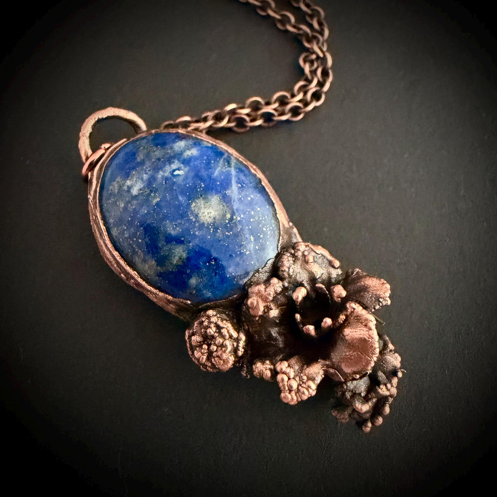 Lapis Lazuli Real Flower Necklace | Electroformed Copper Botanical Pendant | Handmade Crystal Jewelry | Boho Nature Necklace