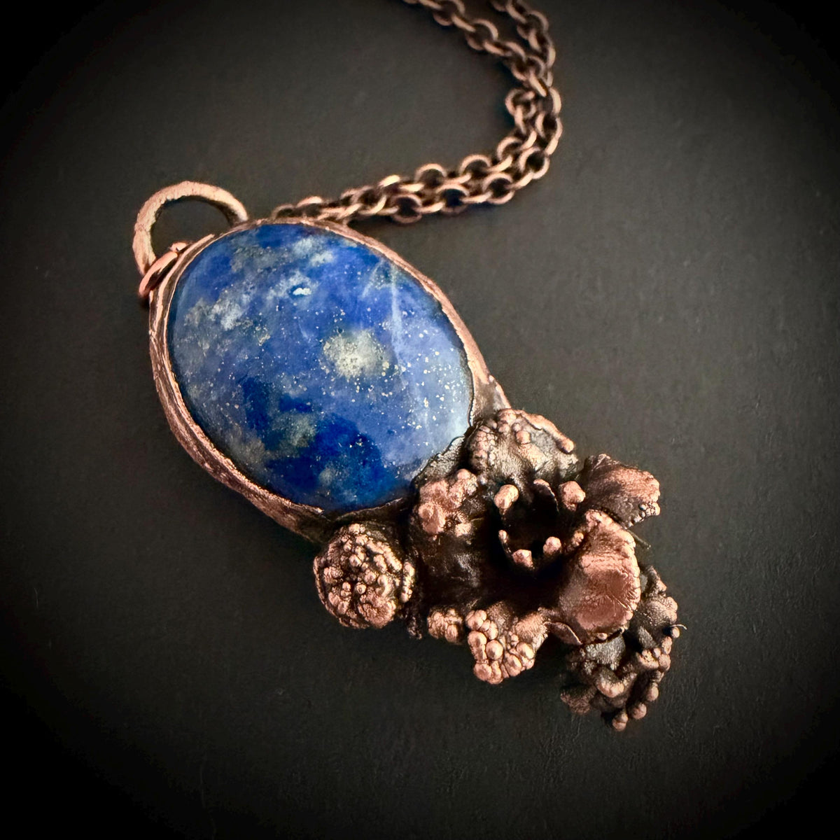 Lapis Lazuli Real Flower Necklace | Electroformed Copper Botanical Pendant | Handmade Crystal Jewelry | Boho Nature Necklace