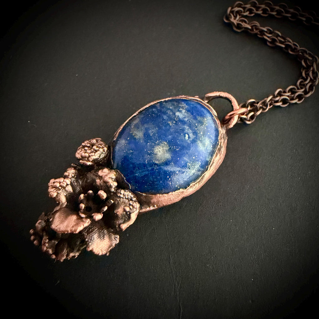 Lapis Lazuli Real Flower Necklace | Electroformed Copper Botanical Pendant | Handmade Crystal Jewelry | Boho Nature Necklace