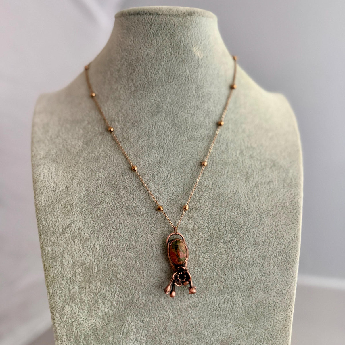 Leopardskin Jasper Real Flower Necklace | Electroformed Copper Botanical Pendant | Handmade Crystal Jewelry | Boho Necklace