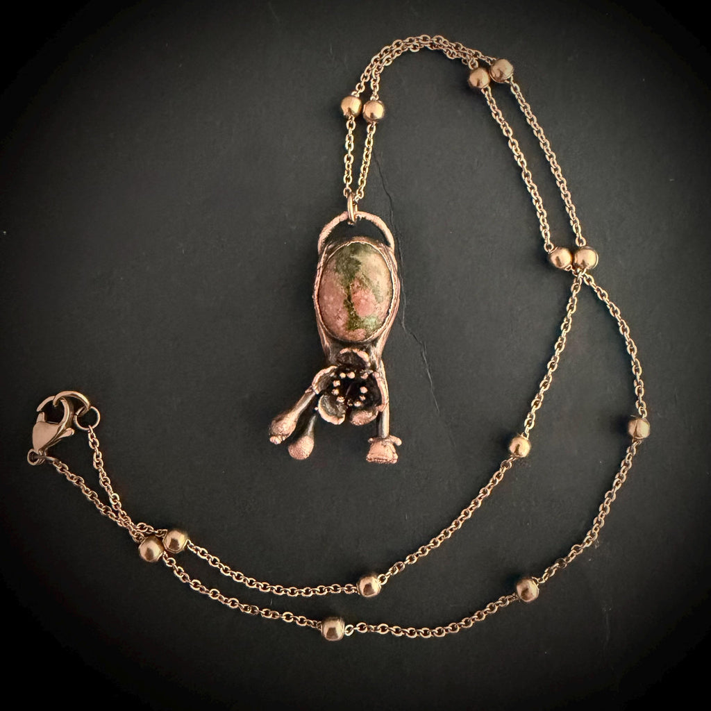 Leopardskin Jasper Real Flower Necklace | Electroformed Copper Botanical Pendant | Handmade Crystal Jewelry | Boho Necklace