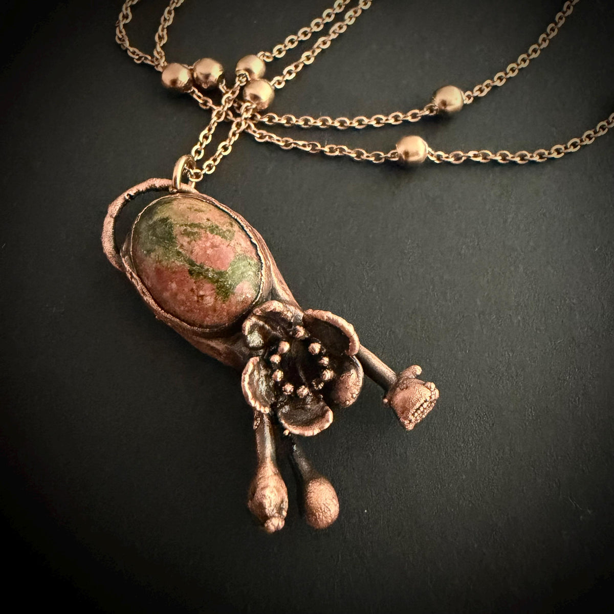Leopardskin Jasper Real Flower Necklace | Electroformed Copper Botanical Pendant | Handmade Crystal Jewelry | Boho Necklace