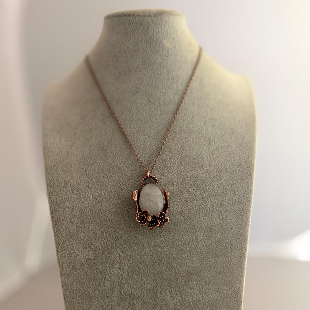 Quartz Real Flower Necklace | Electroformed Copper Botanical Pendant | Handmade Crystal Jewelry | Boho Healing Necklace