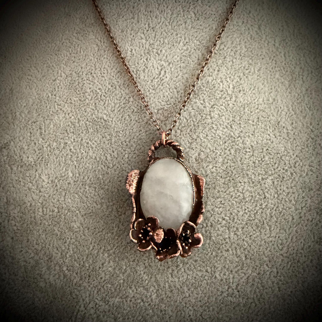 Quartz Real Flower Necklace | Electroformed Copper Botanical Pendant | Handmade Crystal Jewelry | Boho Healing Necklace