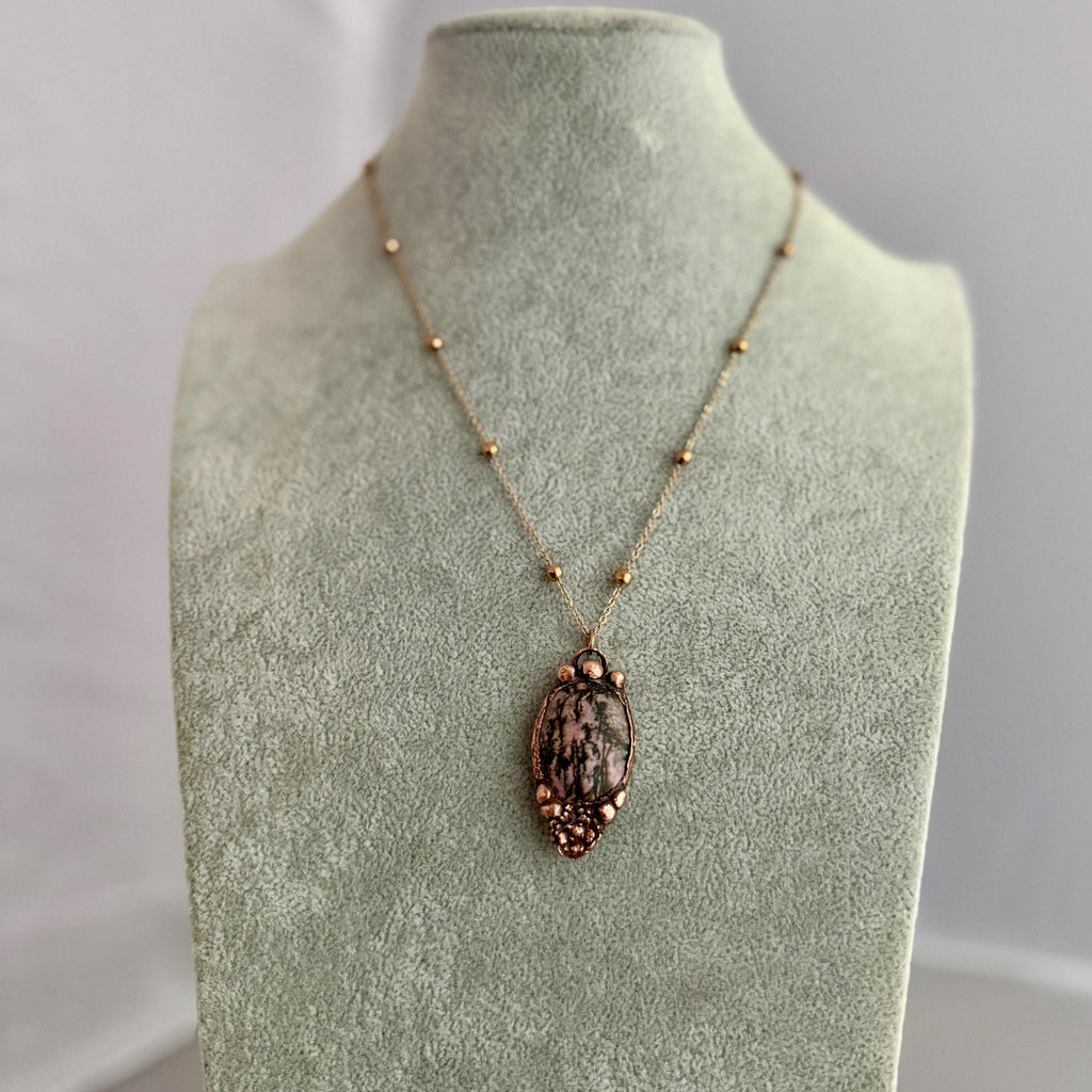 Rhodonite Real Flower Necklace | Electroformed Copper Botanical Pendant | Handmade Crystal Jewelry | Boho Love Necklace