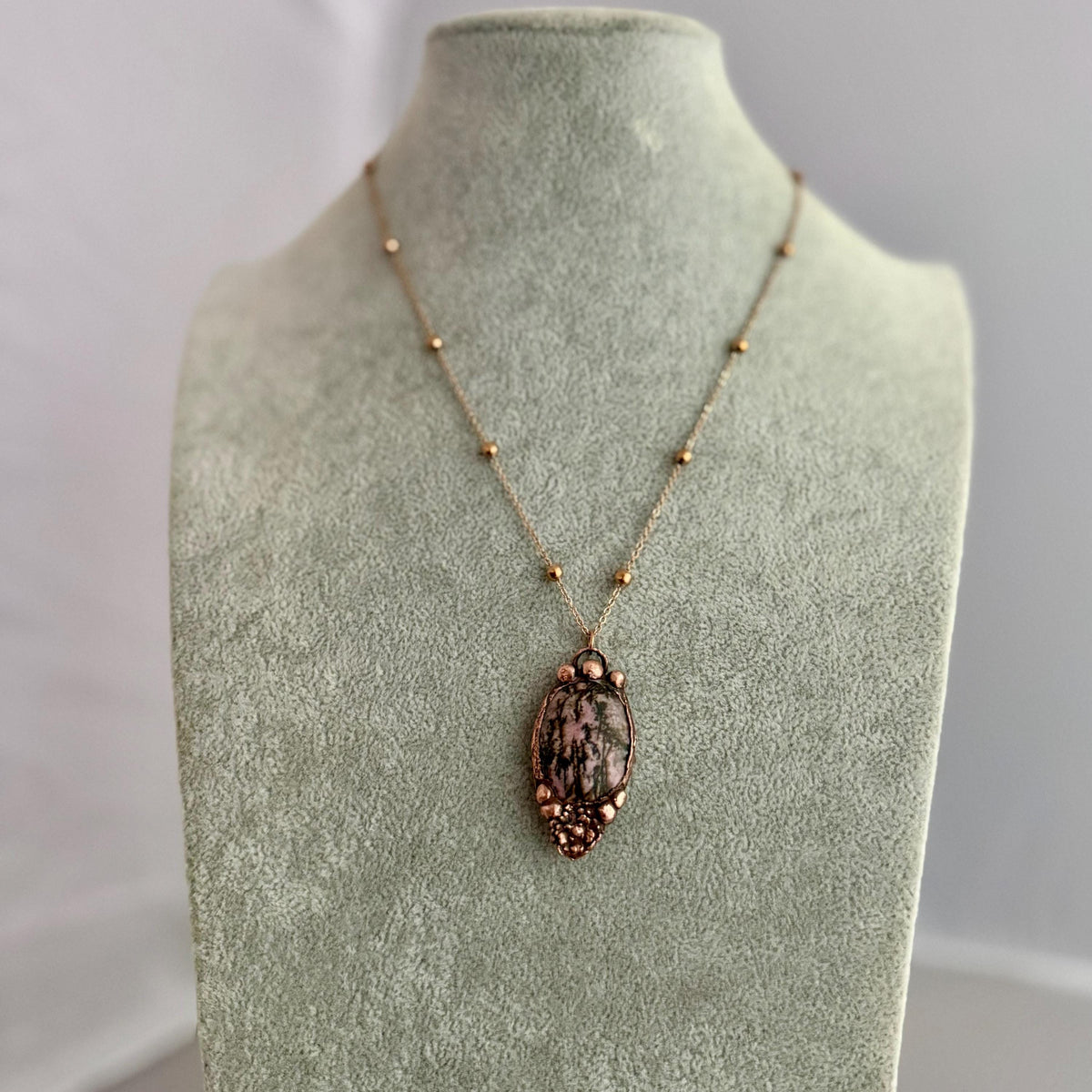 Rhodonite Real Flower Necklace | Electroformed Copper Botanical Pendant | Handmade Crystal Jewelry | Boho Love Necklace