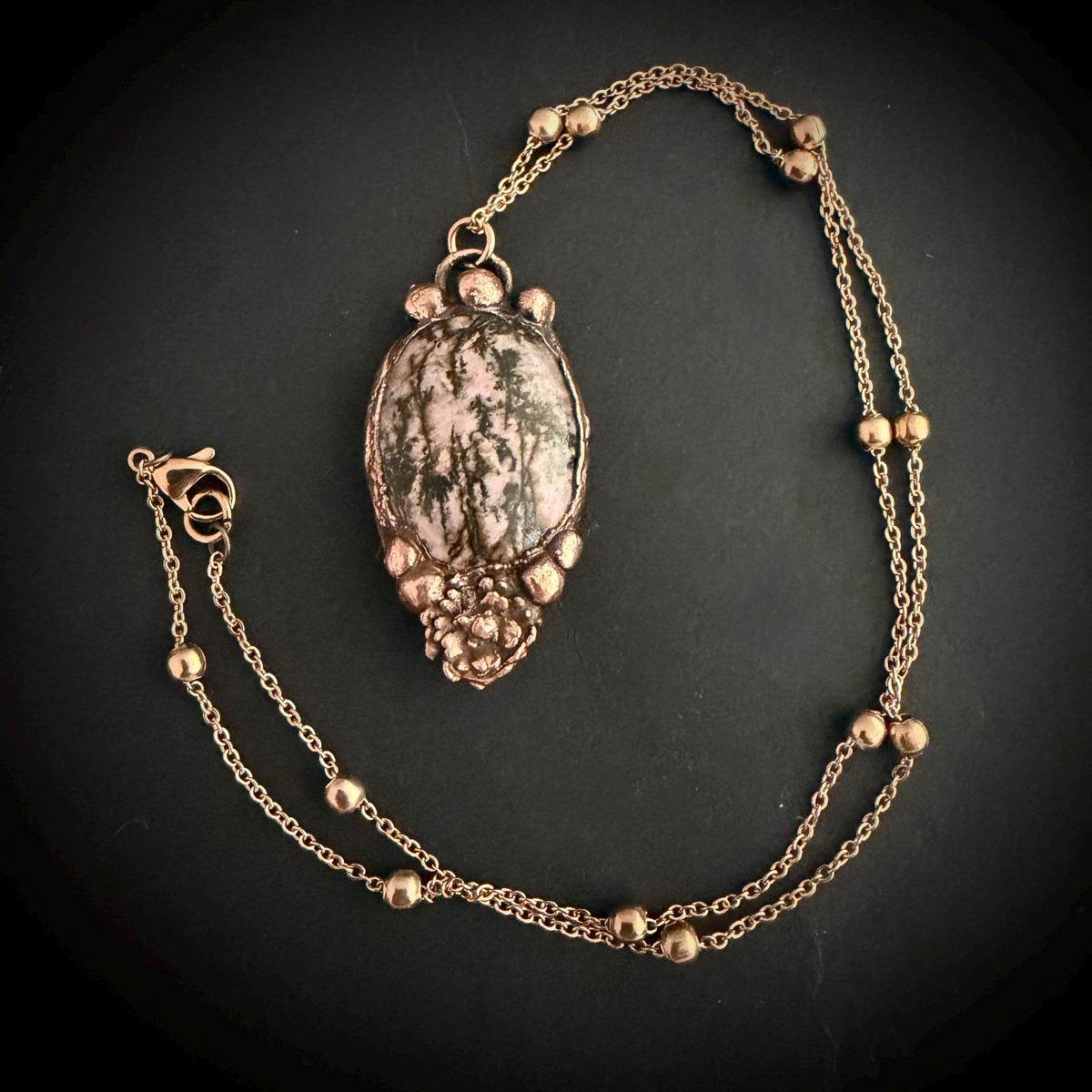Rhodonite Real Flower Necklace | Electroformed Copper Botanical Pendant | Handmade Crystal Jewelry | Boho Love Necklace