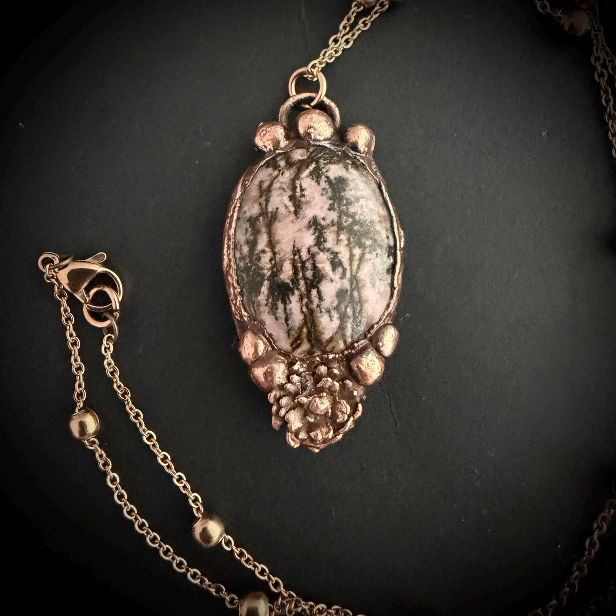 Rhodonite Real Flower Necklace | Electroformed Copper Botanical Pendant | Handmade Crystal Jewelry | Boho Love Necklace