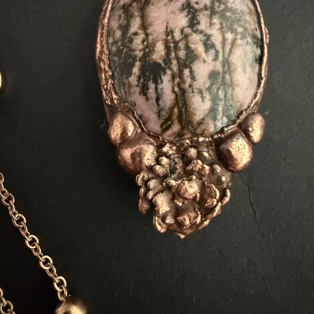 Rhodonite Real Flower Necklace | Electroformed Copper Botanical Pendant | Handmade Crystal Jewelry | Boho Love Necklace