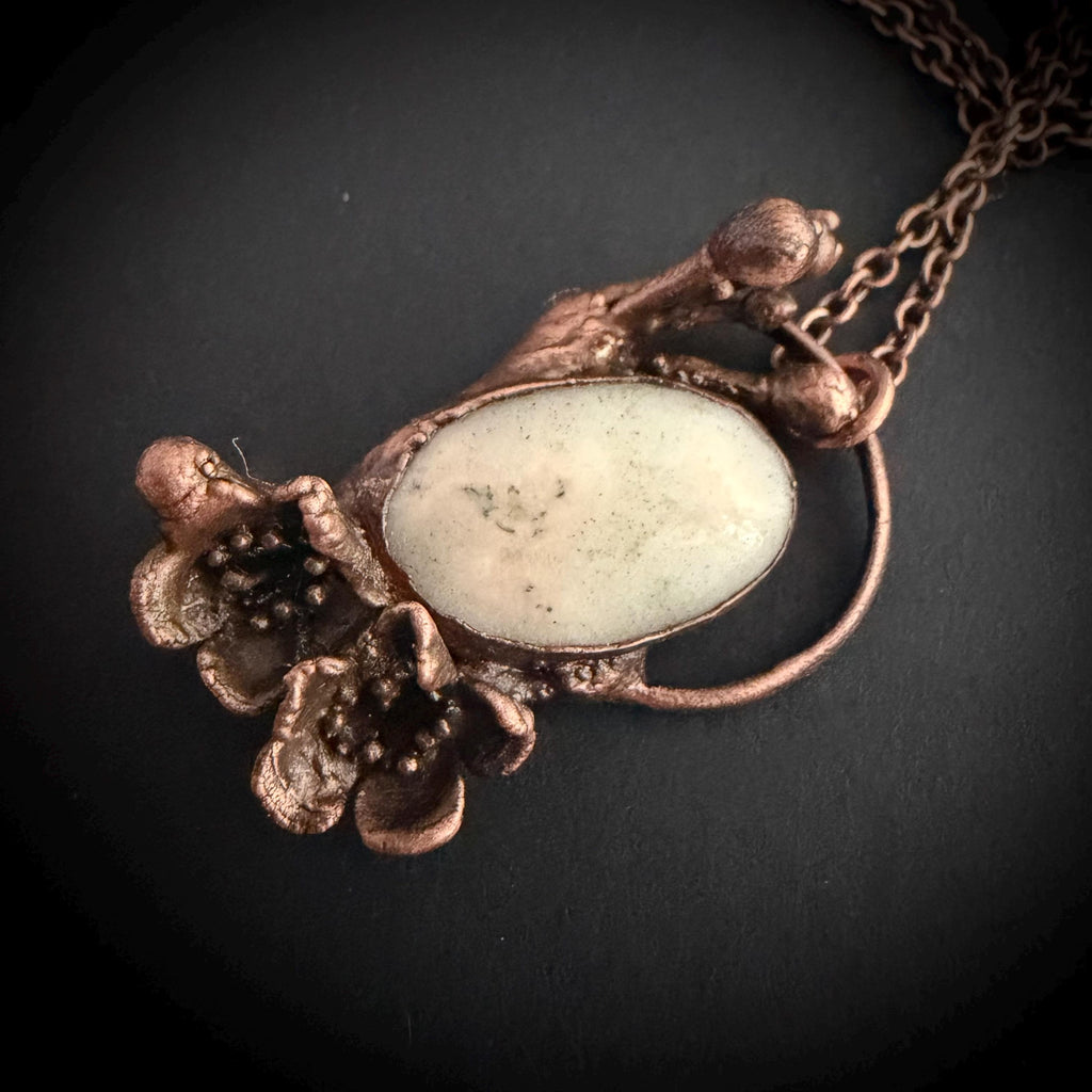 Solar Quartz Real Flower Necklace | Electroformed Copper Botanical Pendant | Handmade Crystal Jewelry | Boho Nature Necklace