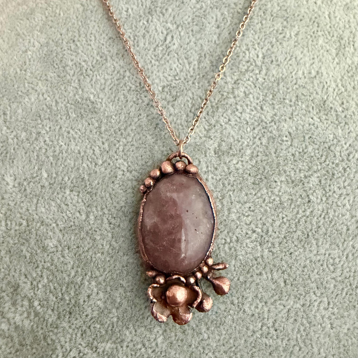 Strawberry Quartz Real Flower Necklace | Electroformed Copper Botanical Pendant | Handmade Crystal Jewelry | Boho Love Necklace