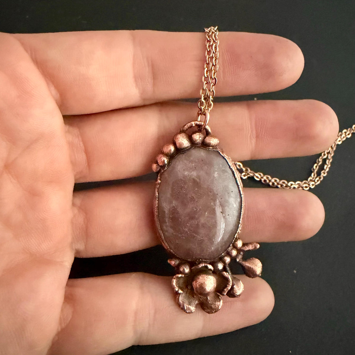 Strawberry Quartz Real Flower Necklace | Electroformed Copper Botanical Pendant | Handmade Crystal Jewelry | Boho Love Necklace
