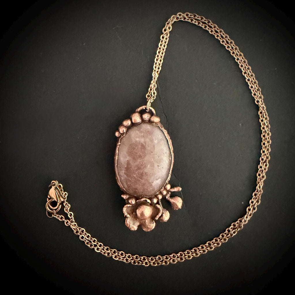 Strawberry Quartz Real Flower Necklace | Electroformed Copper Botanical Pendant | Handmade Crystal Jewelry | Boho Love Necklace