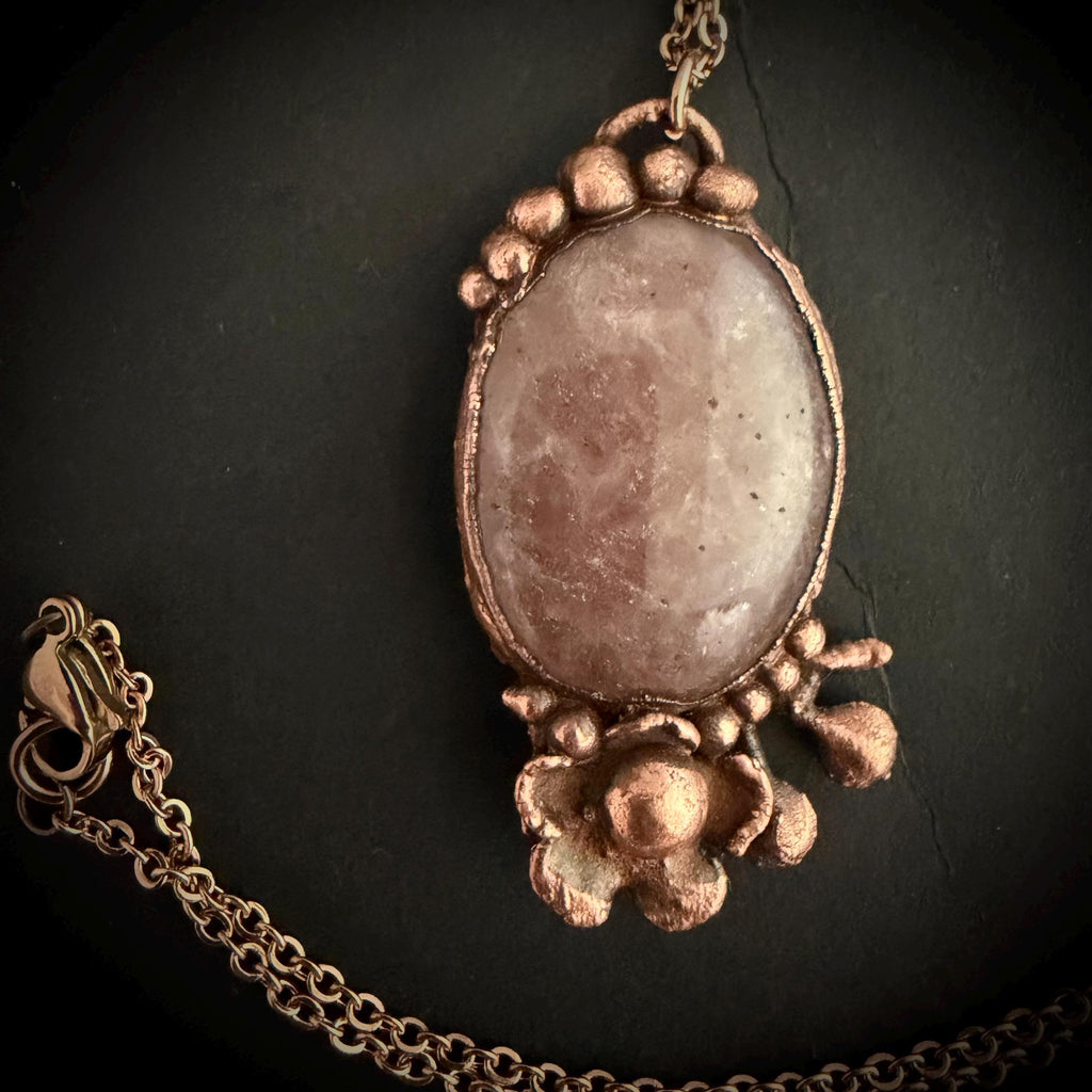 Strawberry Quartz Real Flower Necklace | Electroformed Copper Botanical Pendant | Handmade Crystal Jewelry | Boho Love Necklace