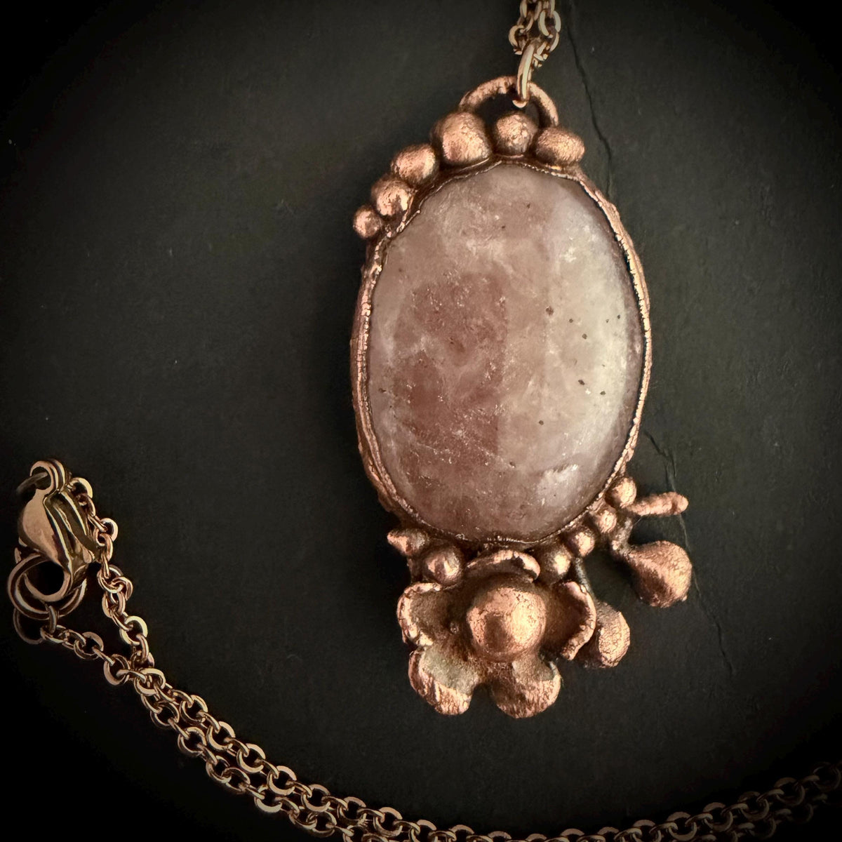 Strawberry Quartz Real Flower Necklace | Electroformed Copper Botanical Pendant | Handmade Crystal Jewelry | Boho Love Necklace