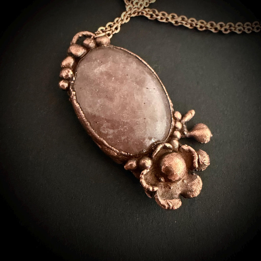Strawberry Quartz Real Flower Necklace | Electroformed Copper Botanical Pendant | Handmade Crystal Jewelry | Boho Love Necklace