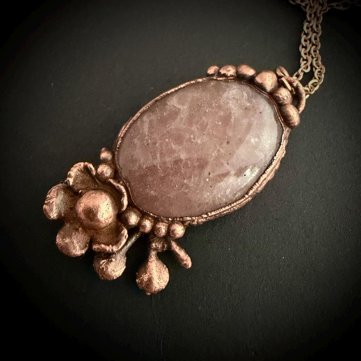 Strawberry Quartz Real Flower Necklace | Electroformed Copper Botanical Pendant | Handmade Crystal Jewelry | Boho Love Necklace