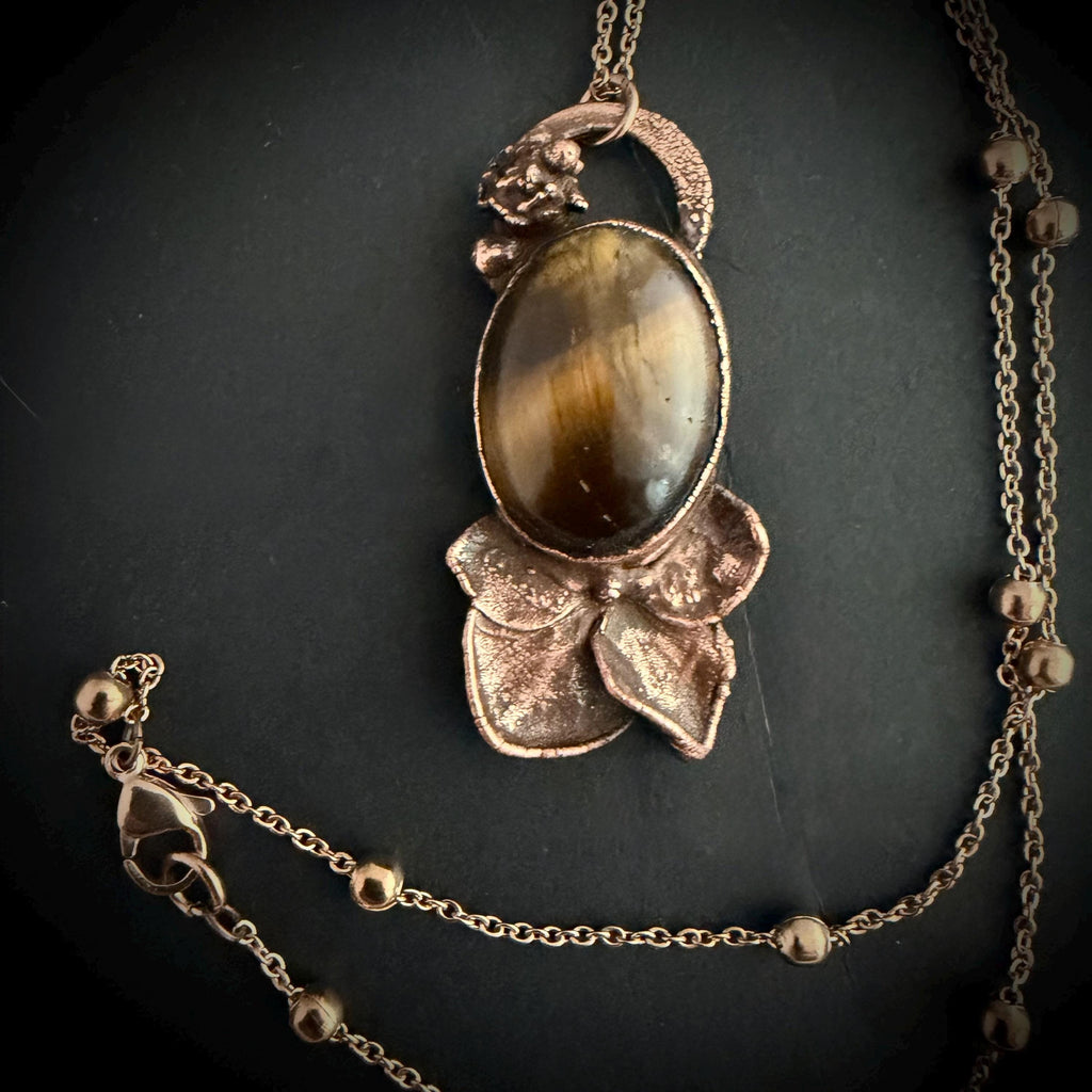 Tigers Eye Real Hydrangea Necklace | Electroformed Copper Botanical Pendant | Handmade Crystal Jewelry | Boho Necklace