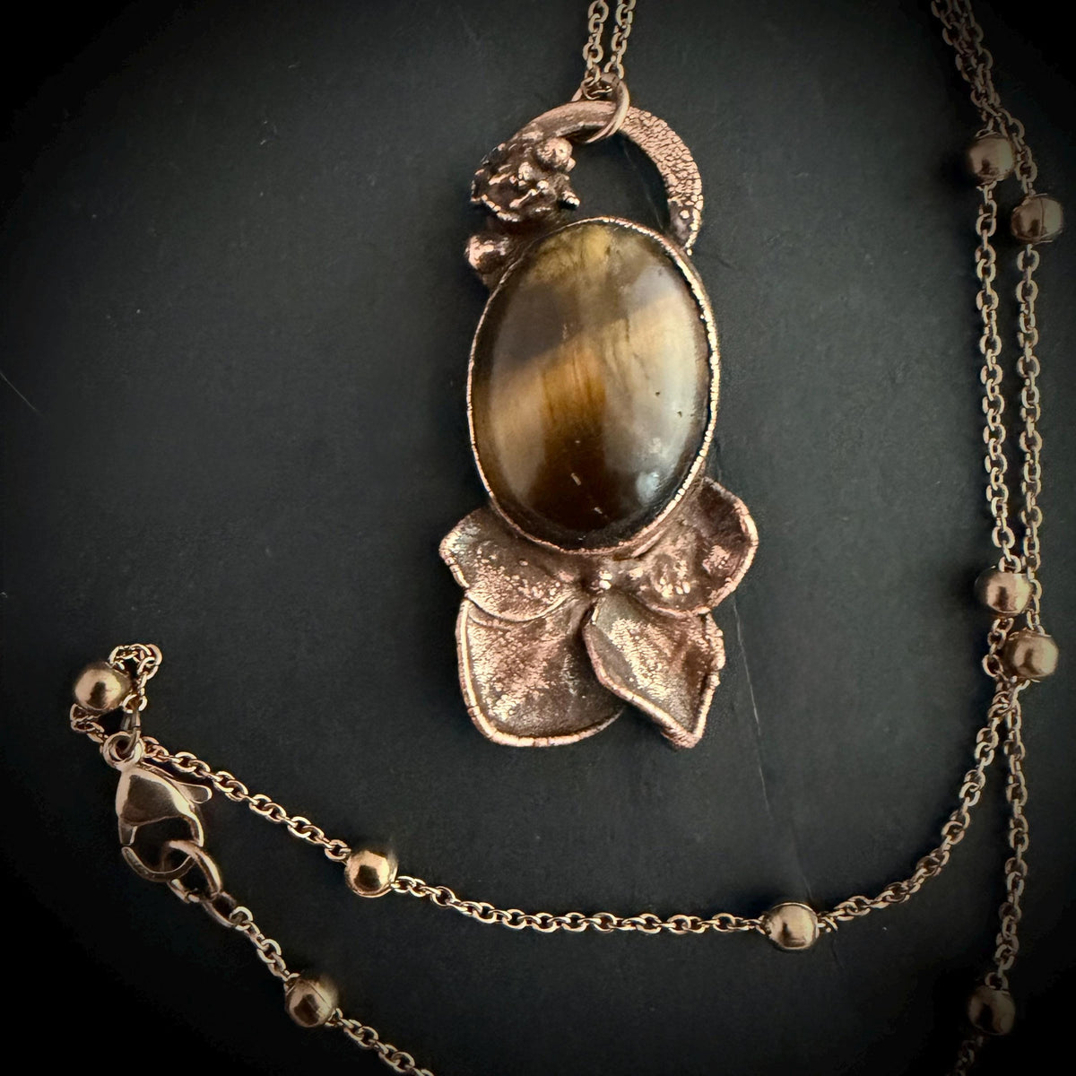 Tigers Eye Real Hydrangea Necklace | Electroformed Copper Botanical Pendant | Handmade Crystal Jewelry | Boho Necklace