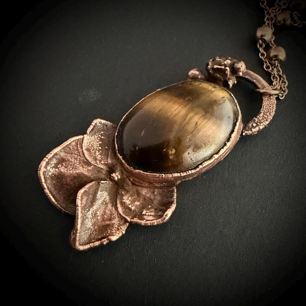 Tigers Eye Real Hydrangea Necklace | Electroformed Copper Botanical Pendant | Handmade Crystal Jewelry | Boho Necklace