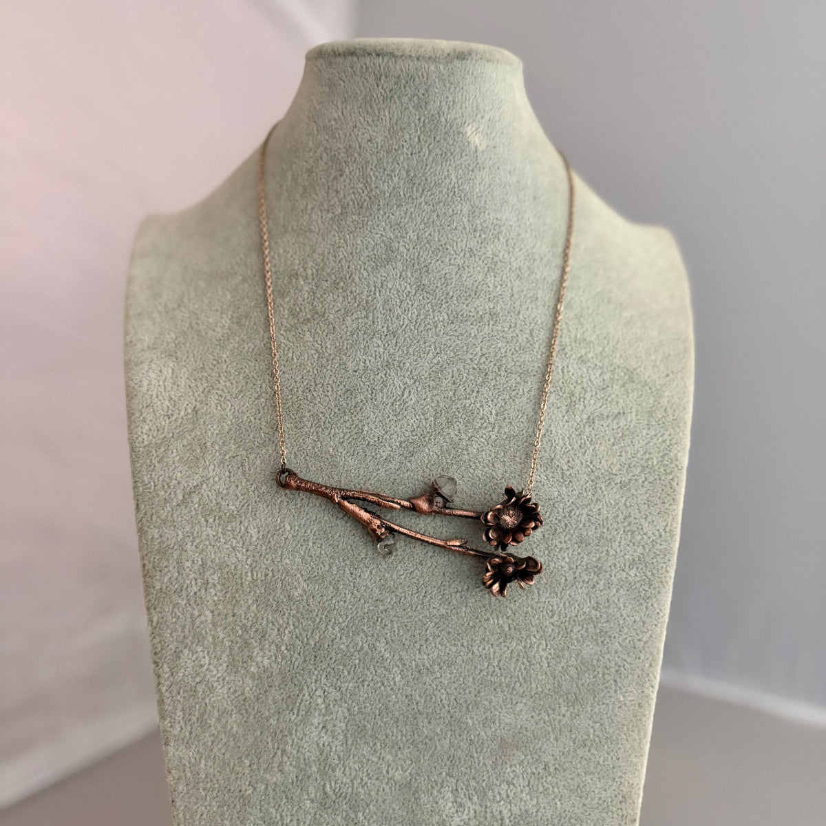 Real Flower Bouquet Necklace with Herkimer Diamond | Electroformed Copper Botanical Pendant | Handmade Crystal Jewelry